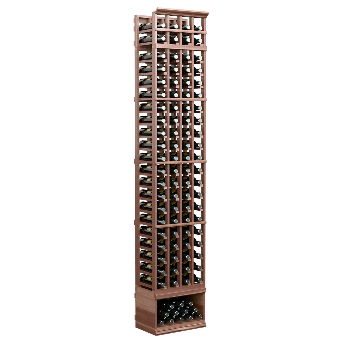 Medium gray wood wine bottle organizer with 4 columns of open slots and base tray