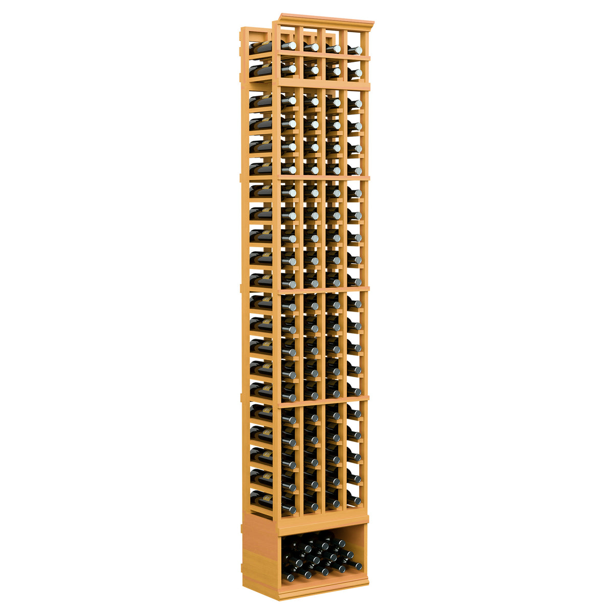 Honey wood 4-column wine bottle rack with open grid slots and lower bottle tray