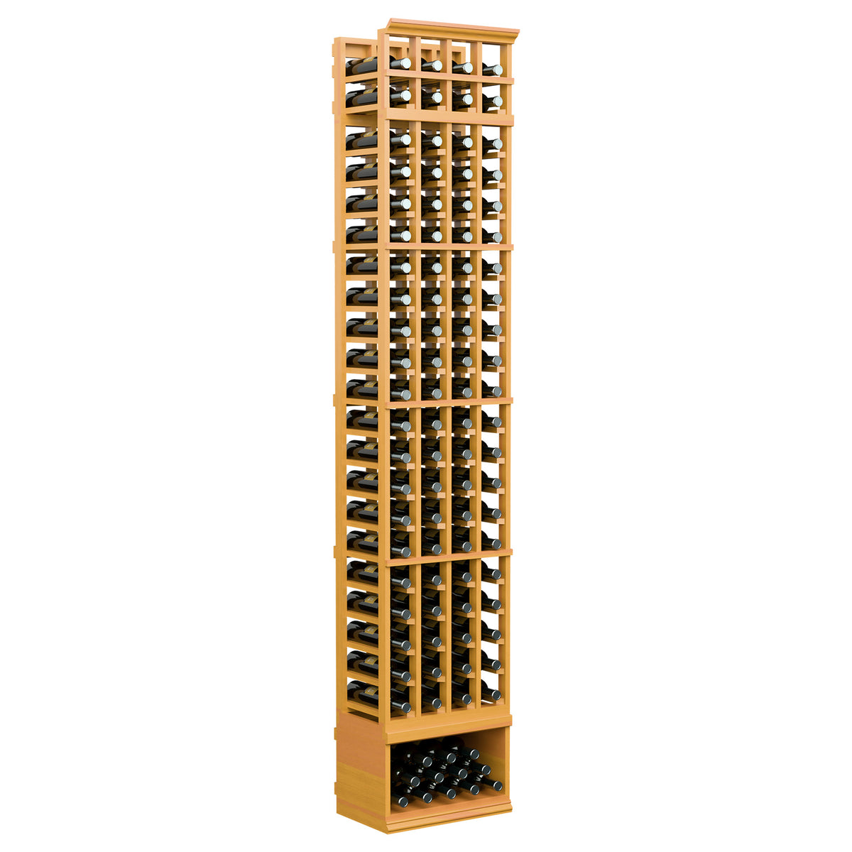 Light amber wood wine bottle rack with 4 columns of slots and a bottom bottle tray