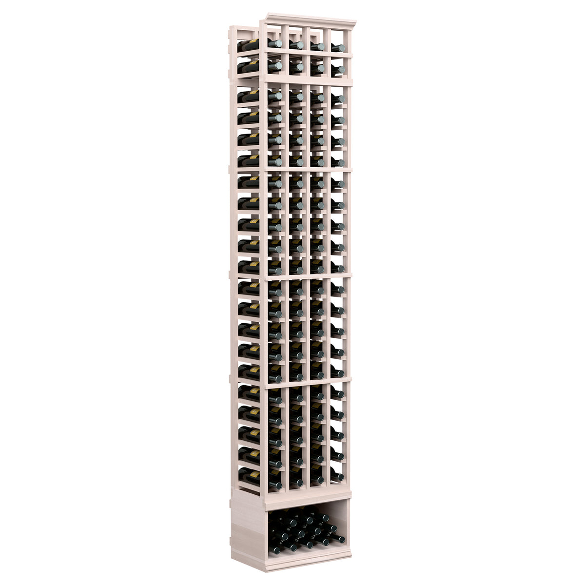 Whitewashed wood 4-column wine bottle rack with open grid slots and lower tray