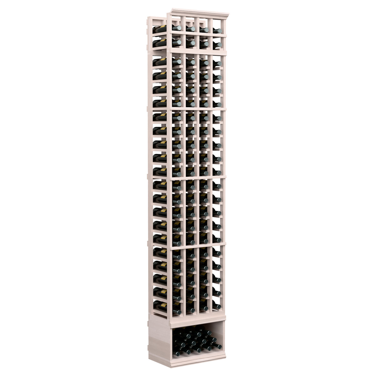 Whitewashed wine bottle storage rack, 4 columns of open slots with bottom bottle tray