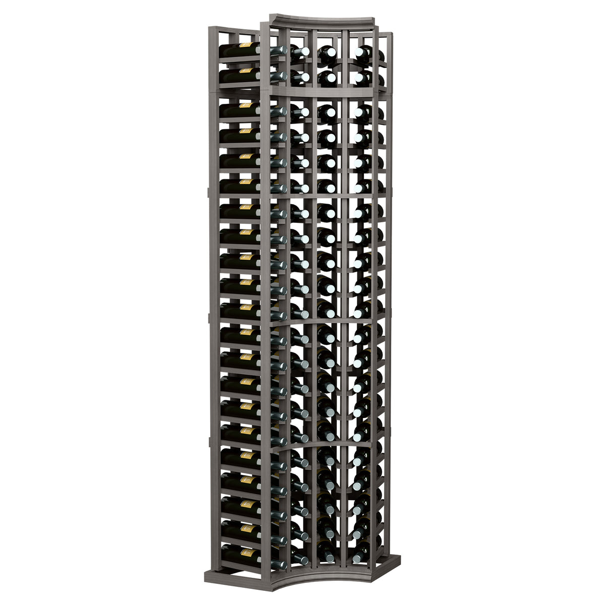 4-column curved-corner wine rack in gray wood with bottle slots across 7 tiers
