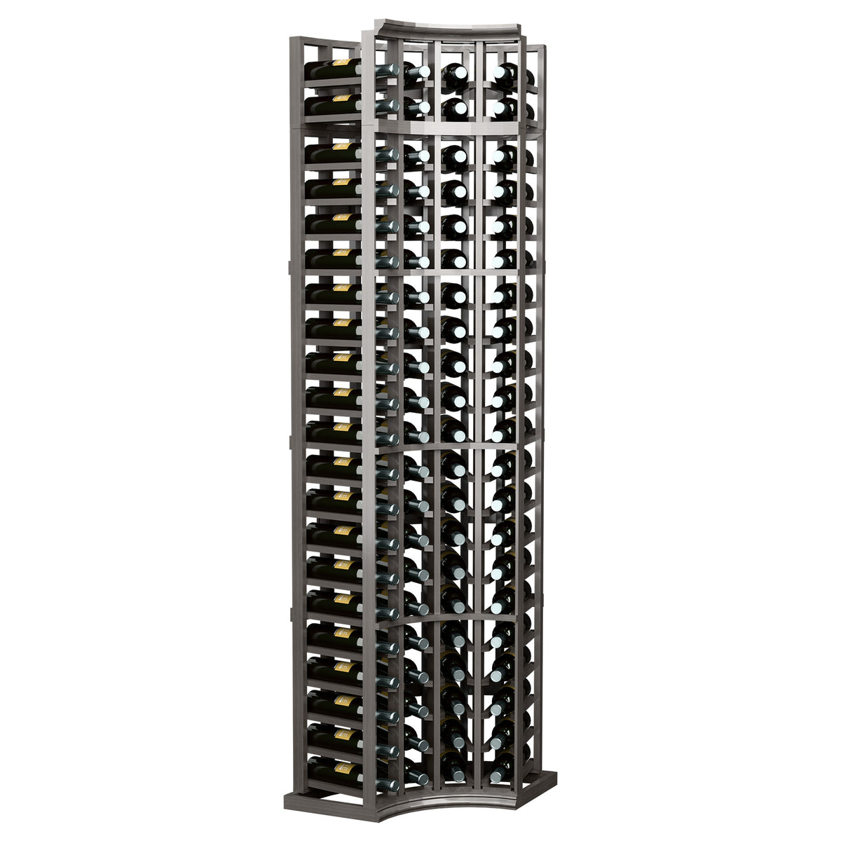 4-column curved-corner wine rack in gray wood with bottle slots across 7 tiers