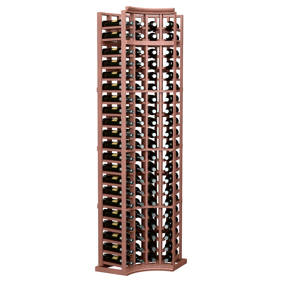 4-column curved-corner wine rack in reddish-brown wood with bottle slots across 7 tiers