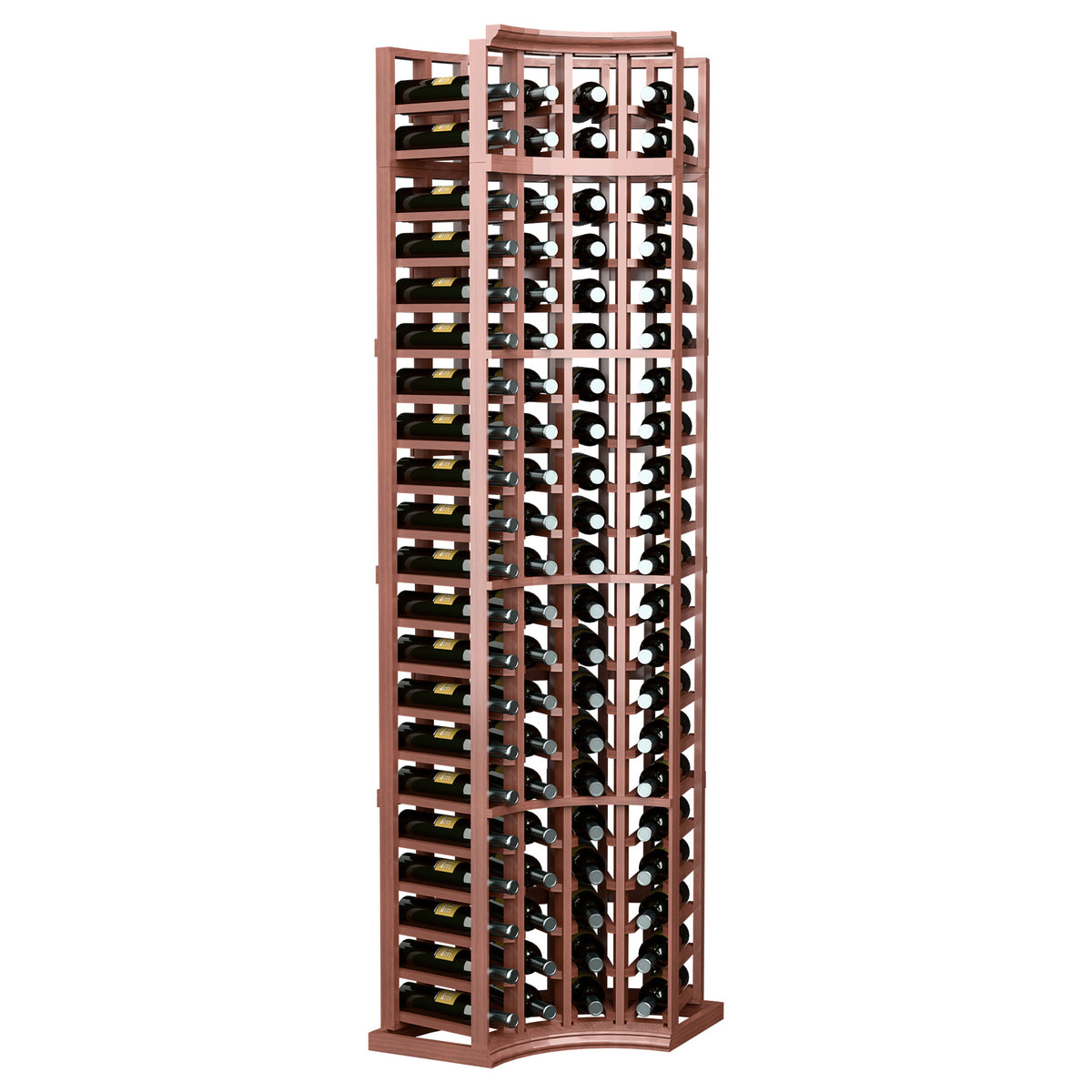 4-column curved-corner wine rack in reddish-brown wood with bottle slots across 7 tiers