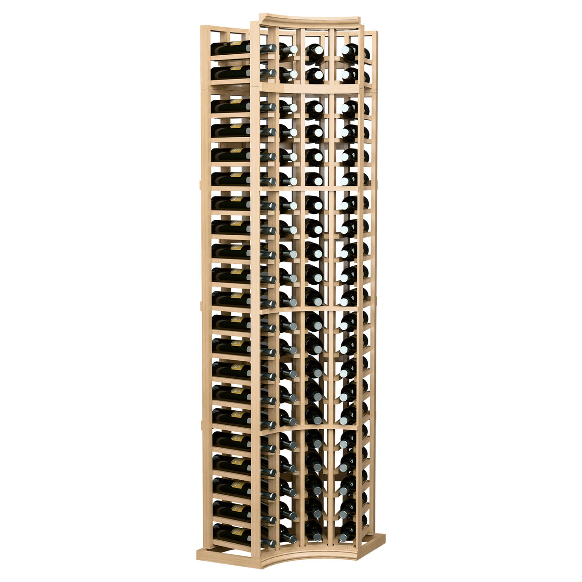 4-column curved-corner wine rack in light wood with bottle slots across 7 tiers