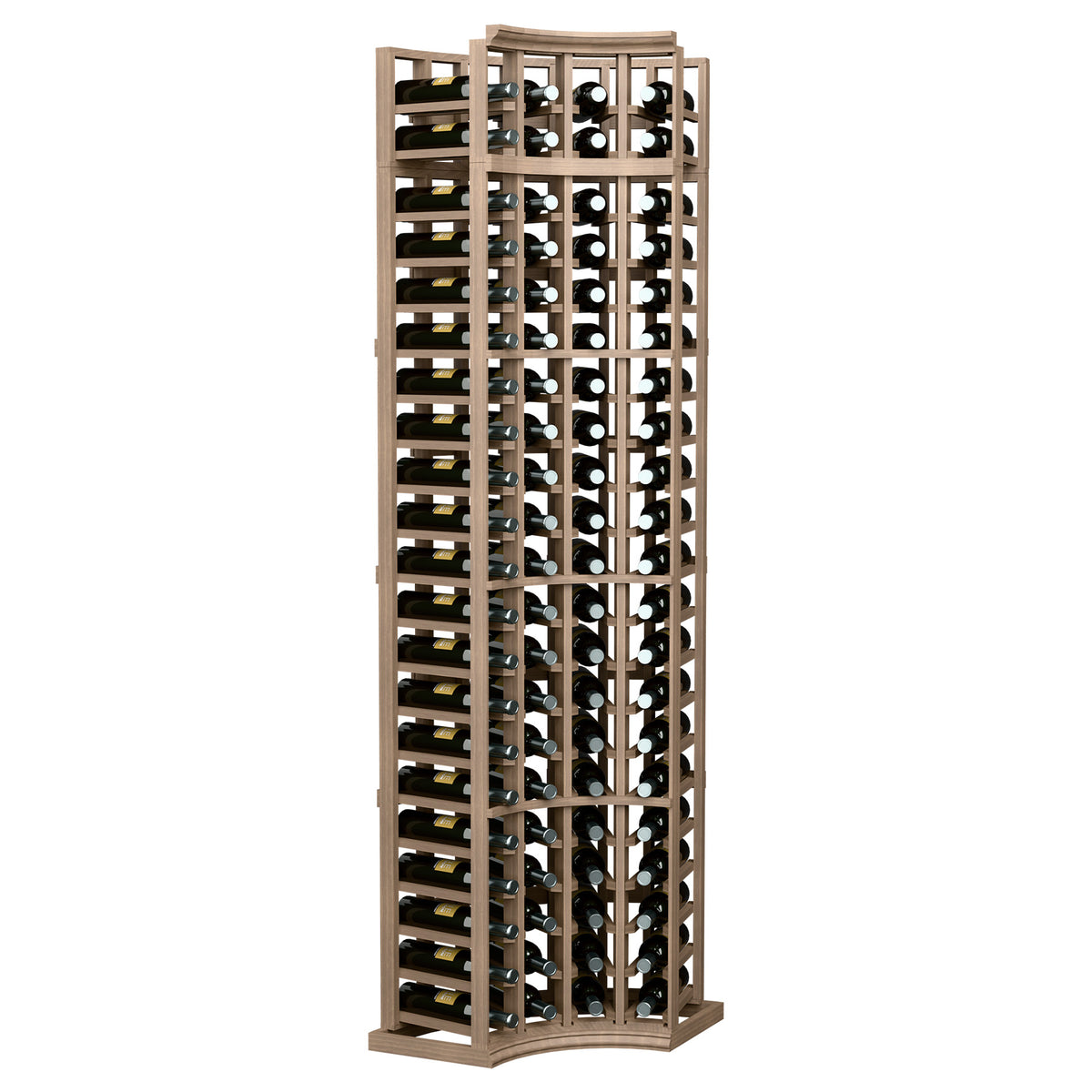 4-column curved-corner wine rack in light wood with bottle slots across 7 tiers