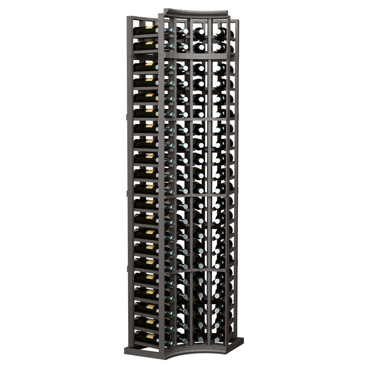 4-column curved-corner wine rack in dark gray wood with bottle slots across 7 tiers