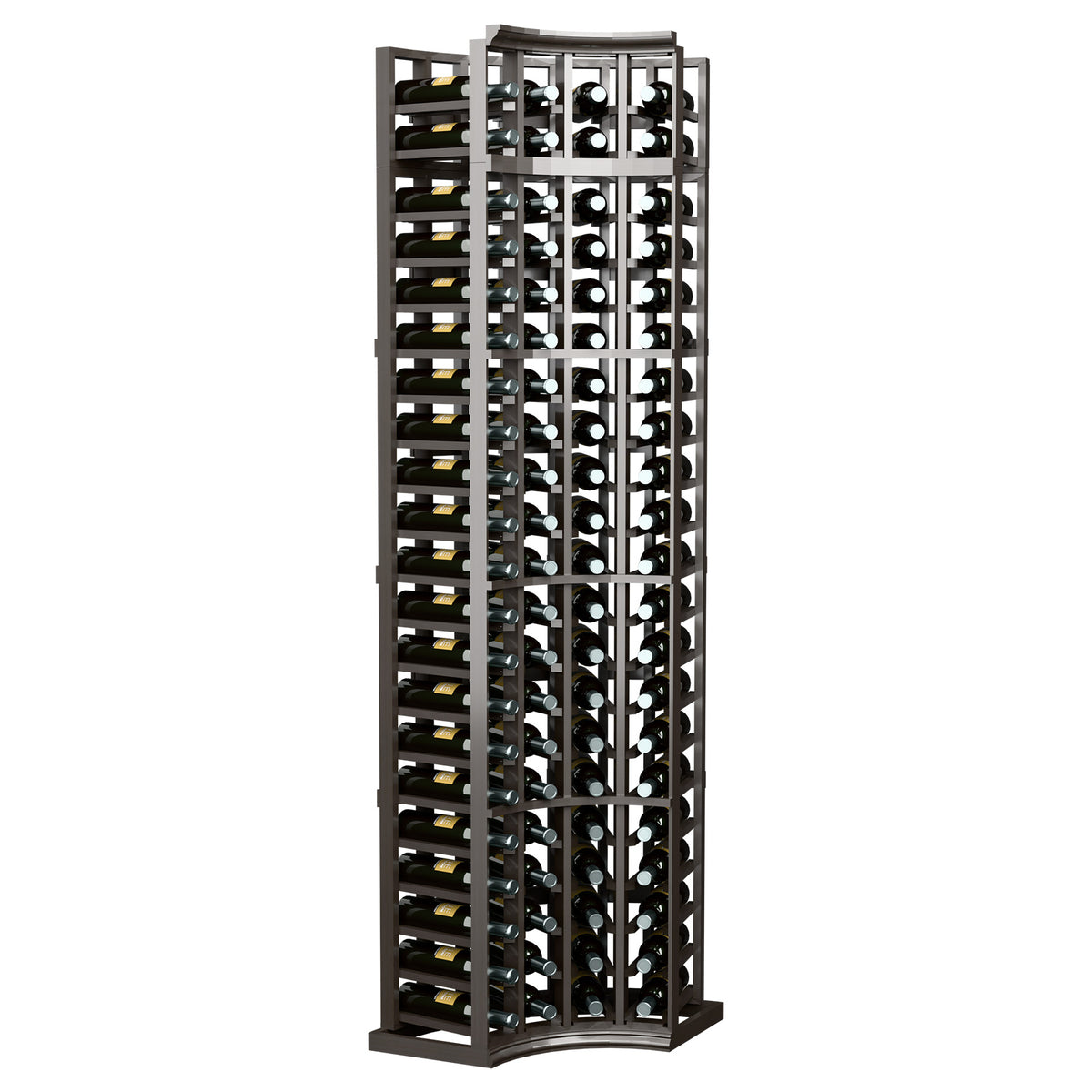 Dark wood tall curved corner wine rack with 4 columns and bottle slots