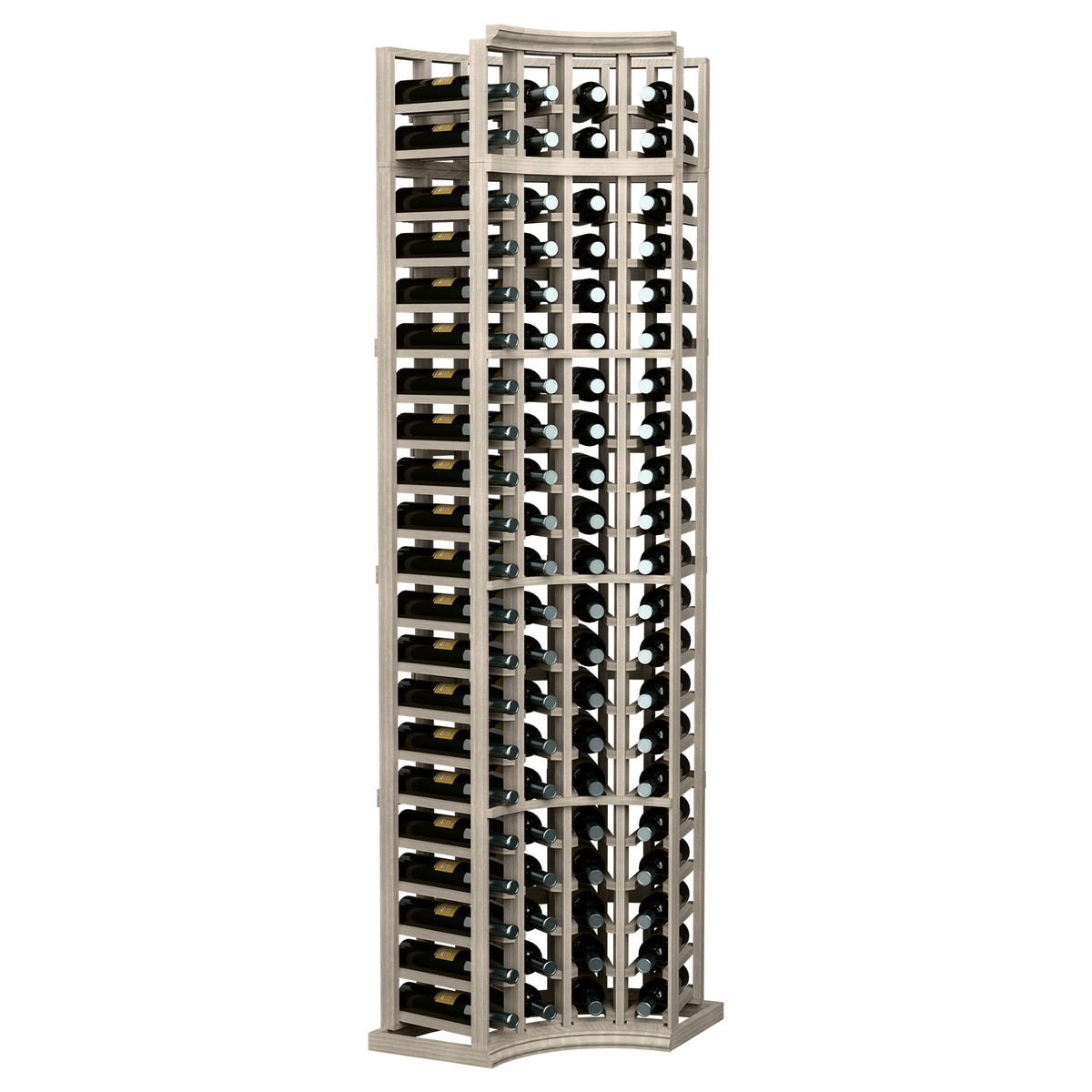 Light gray tall curved corner wine rack with 4 columns and bottle slots