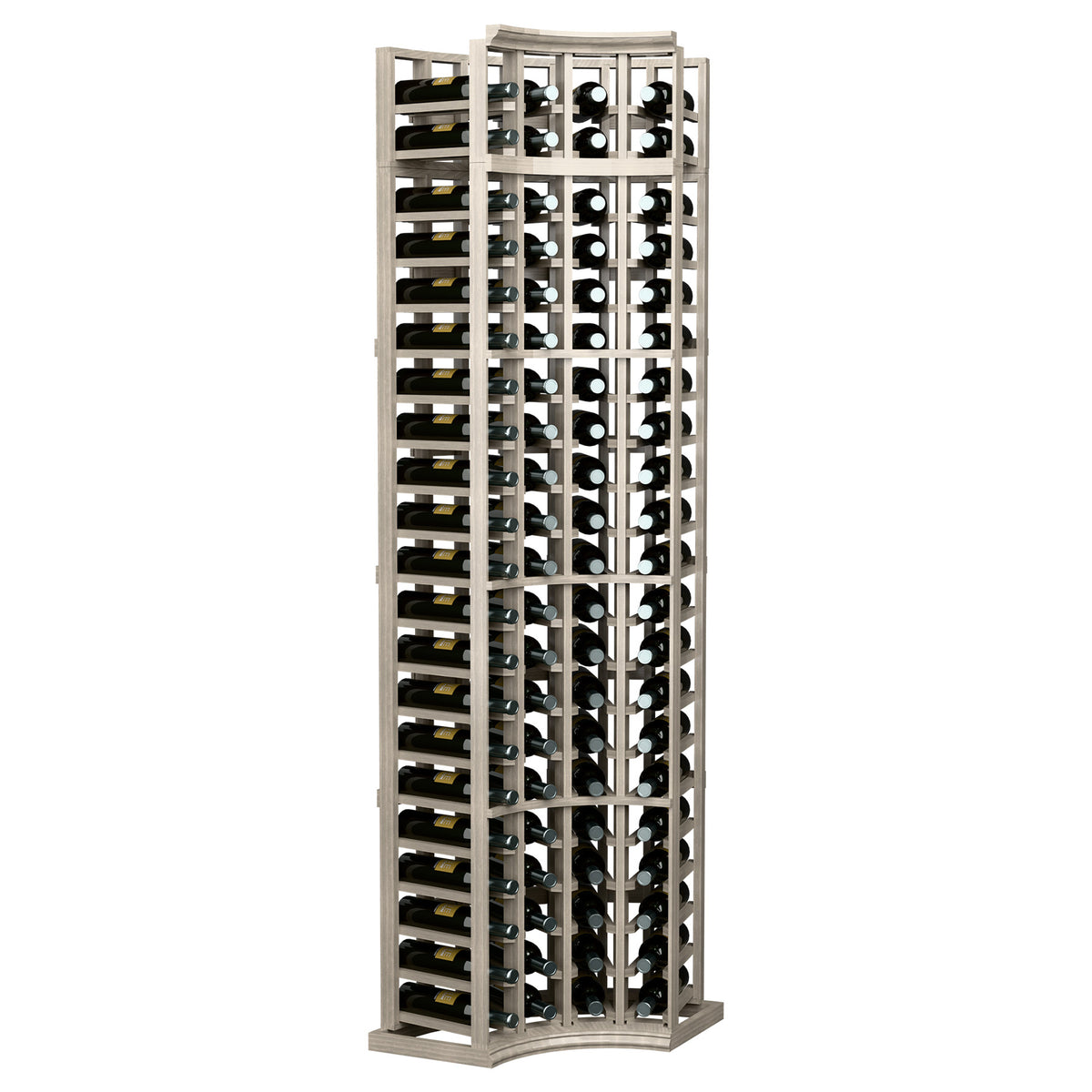 Medium gray tall curved corner wine rack with 4 columns and bottle slots