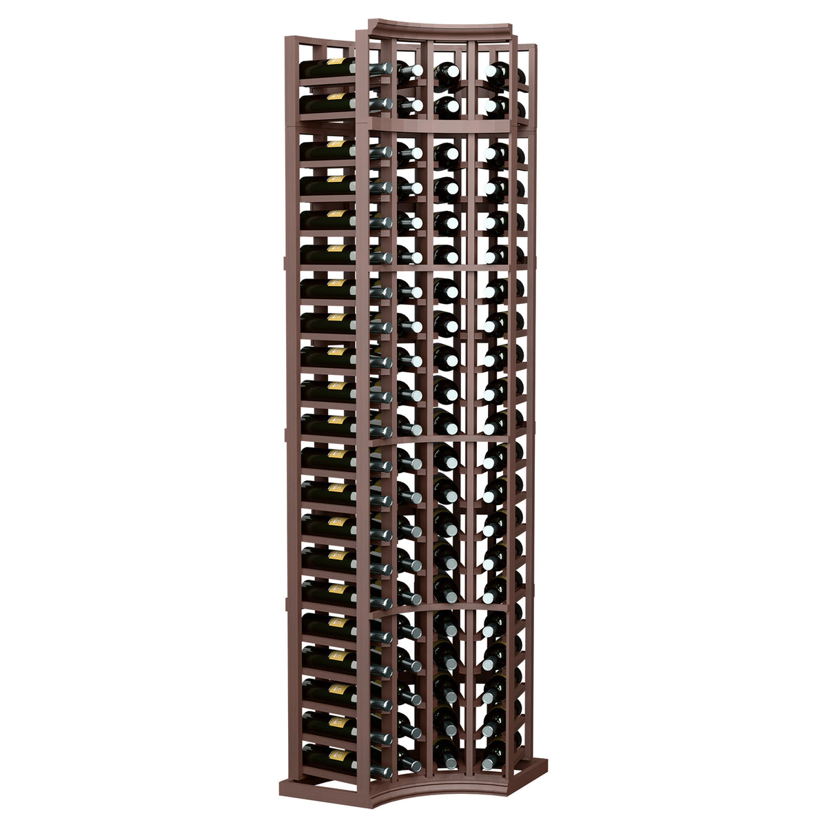 Espresso-brown tall curved corner wine rack with 4 columns and bottle slots