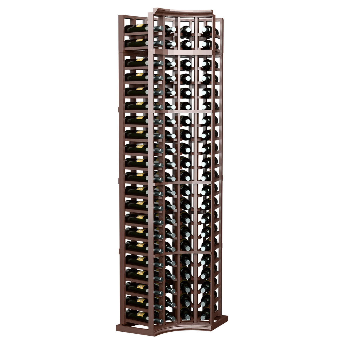 Rich dark brown tall curved corner wine rack with 4 columns and bottle slots