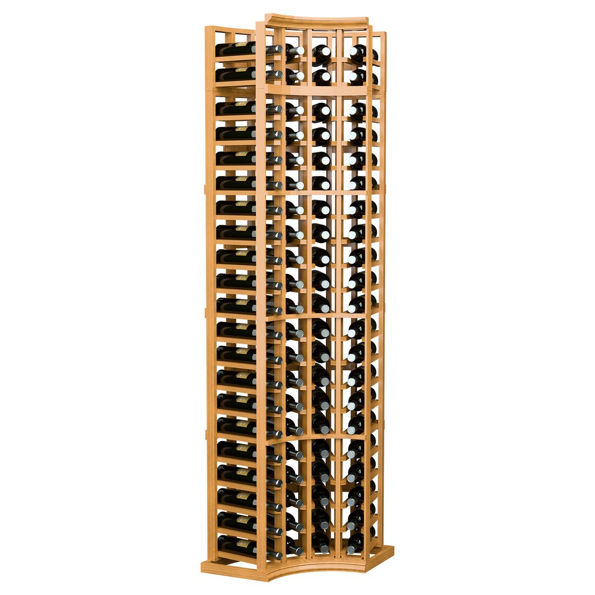 Warm honey-toned tall curved corner wine rack with 4 columns and bottle slots