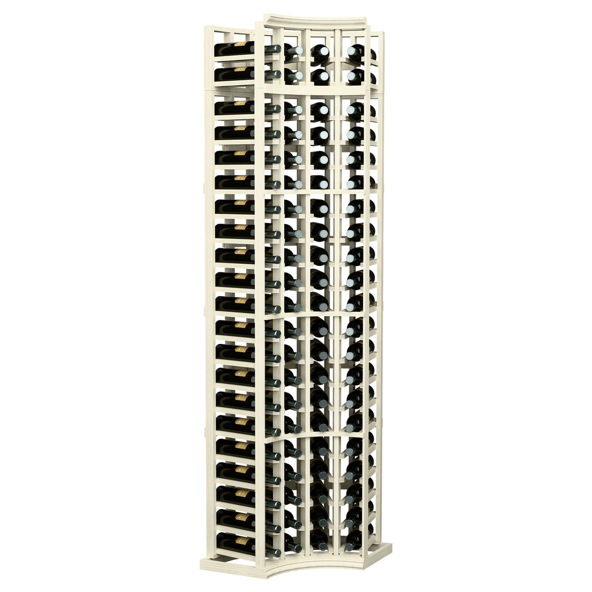 White-washed tall curved corner wine rack with 4 columns and bottle slots