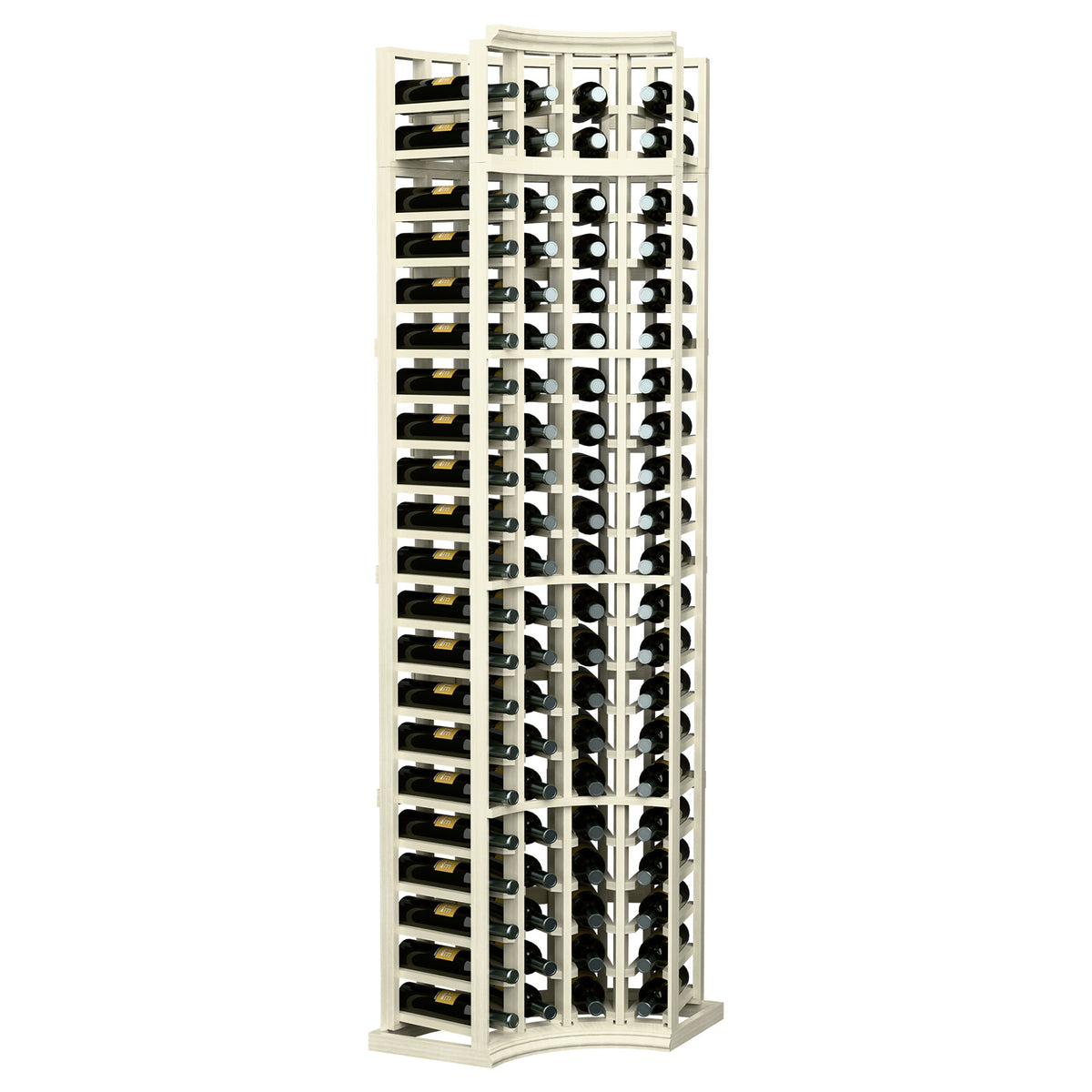 Natural wood 4-column curved corner wine rack with bottle cubbies