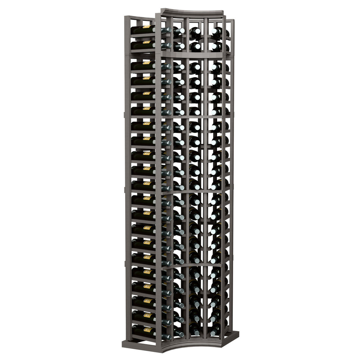 Dark-stained wood 4-column curved corner wine rack with bottle cubbies