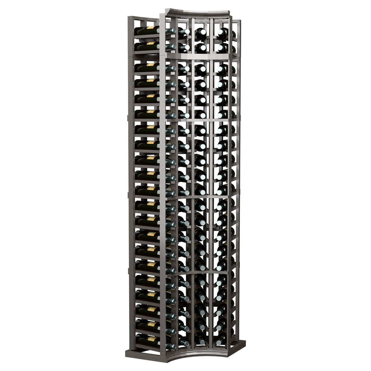 Charcoal wood 4-column curved corner wine rack with bottle cubbies