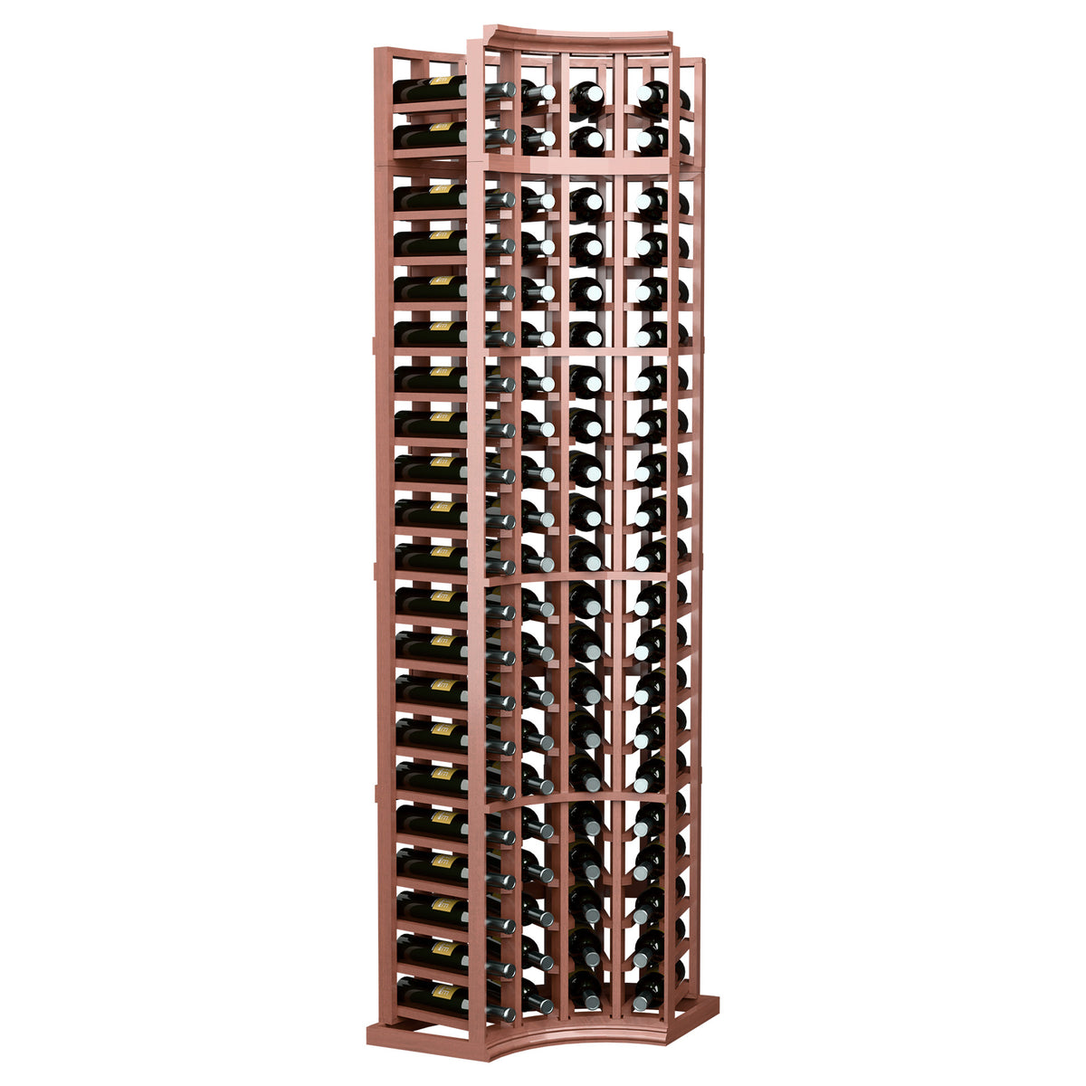 Medium red wood 4-column curved corner wine rack with bottle cubbies