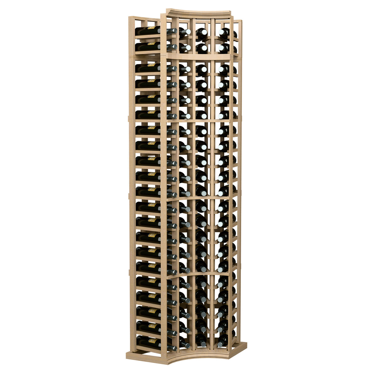 Light wood 4-column curved corner wine rack with bottle cubbies