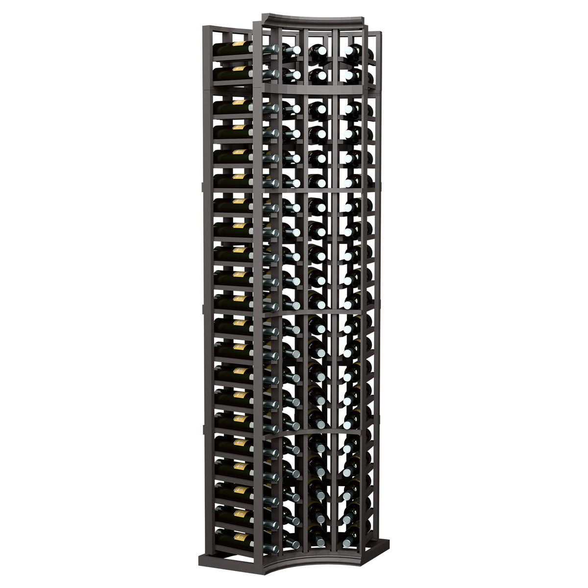 Dark grey wood 4-column curved corner wine rack with bottle cubbies