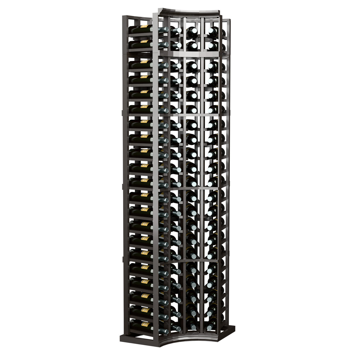 Dark grey 4-column curved corner wine rack with bottle cubbies