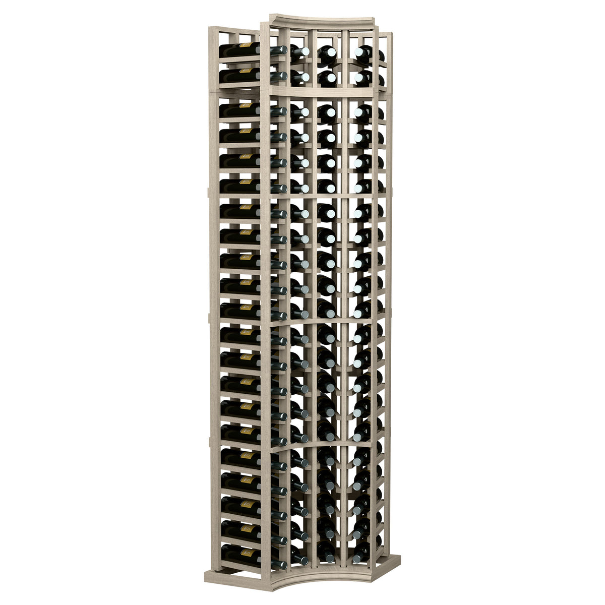 Light wood curved corner wine rack with 4 columns and bottle storage shelves