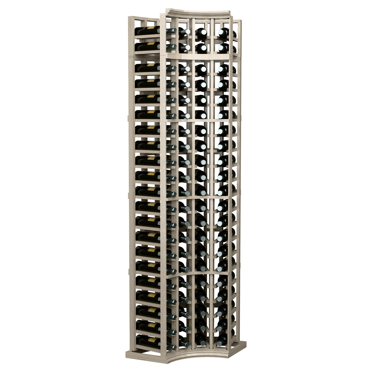 Light wood curved corner wine rack with 4 bottle columns and grid-style dividers