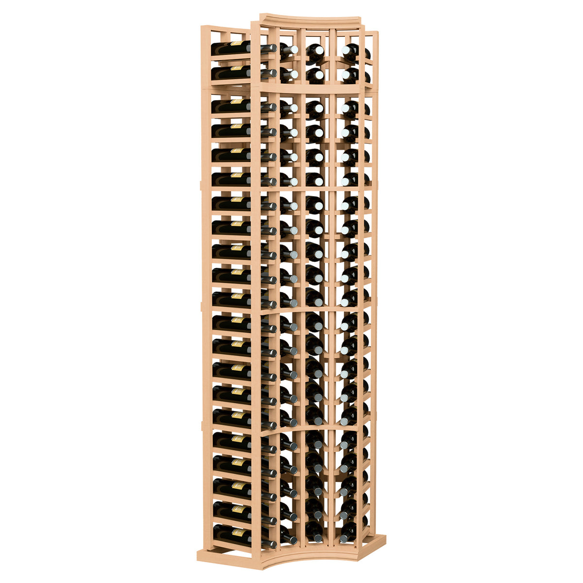 Natural wood curved corner wine rack with 4 columns for wine bottle storage