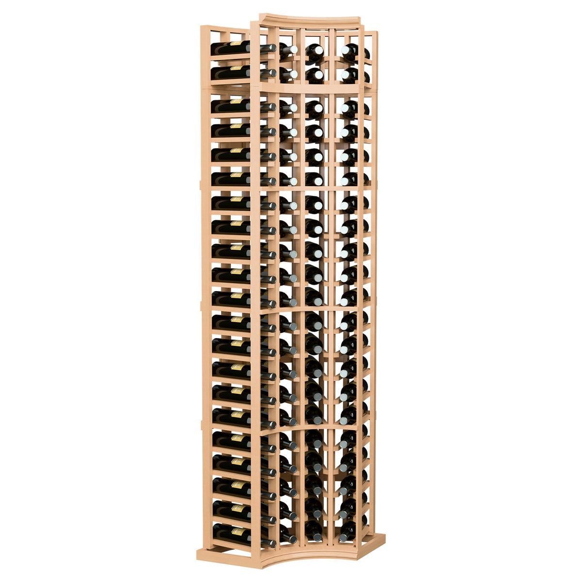 Natural wood curved corner wine rack featuring 4 columns of wine bottle slots