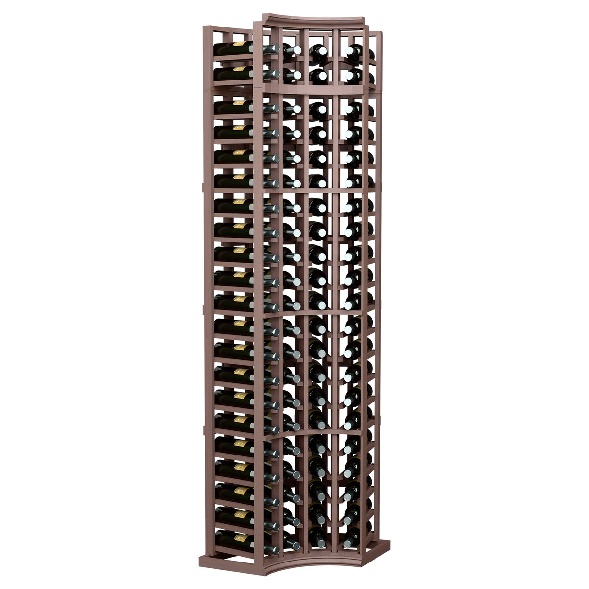 Dark brown curved corner wine rack with 4 columns and open bottle shelves