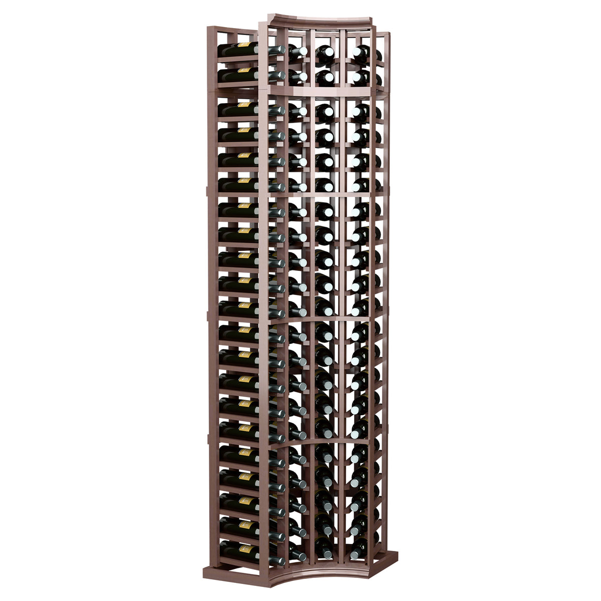 Dark wood curved corner wine rack with 4 bottle columns and vertical bottle dividers