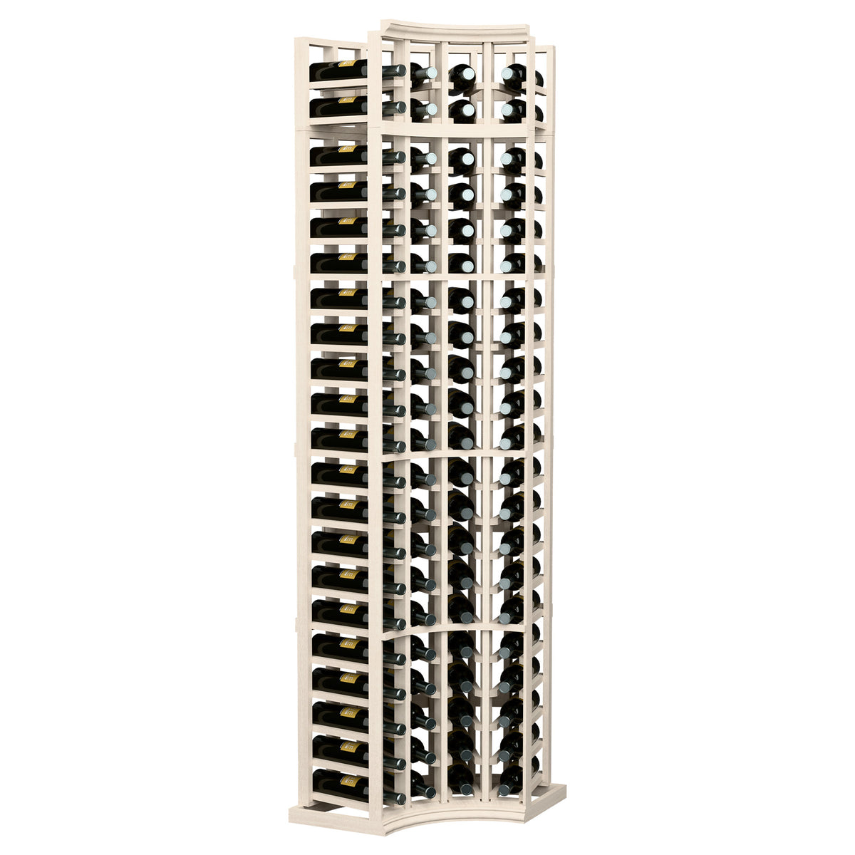White painted curved corner wine rack with 4 columns and wine bottle compartments