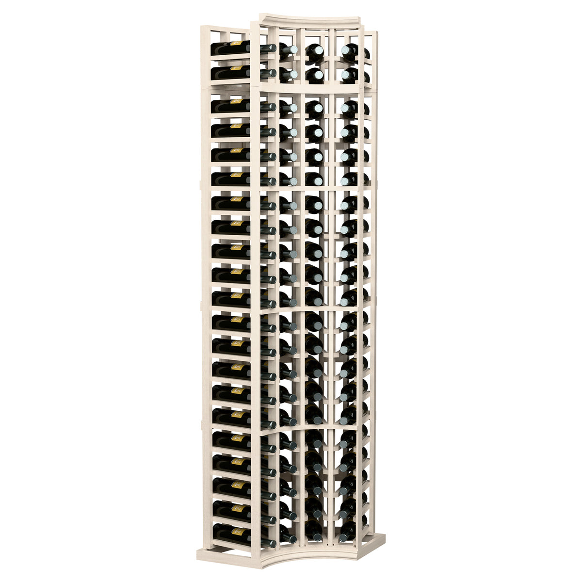 White curved corner wine rack with 4 columns for storing wine bottles on shelves