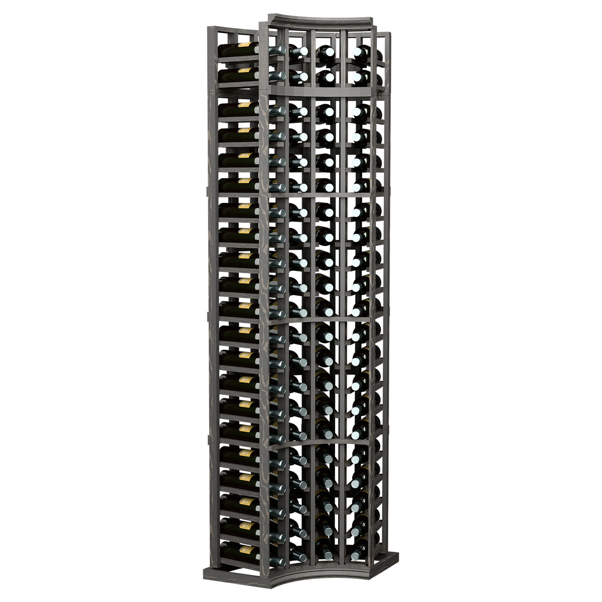 4-column curved corner wine bottle rack, dark finish with grid slots