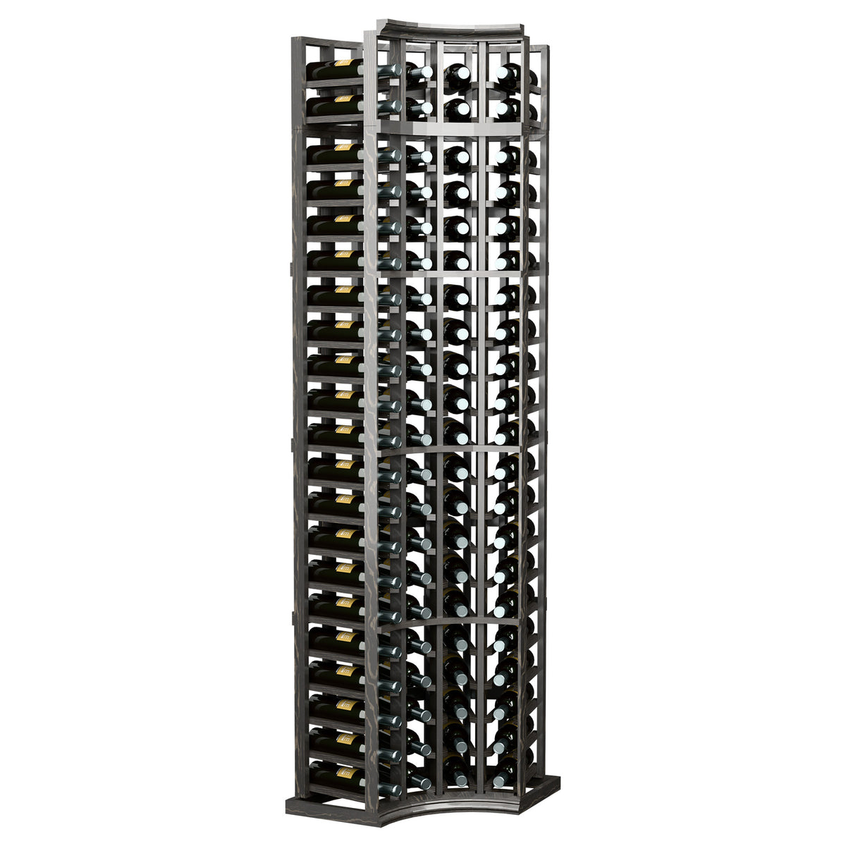 4-column curved corner wine bottle rack, dark frame holding bottles