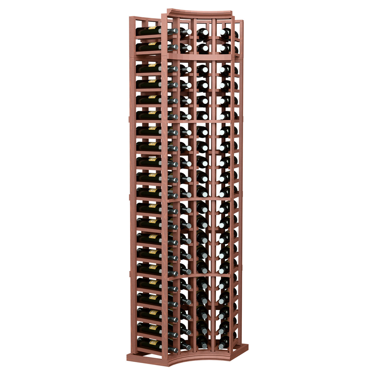 4-column curved corner wine bottle rack, warm reddish-brown wood with bottle slots