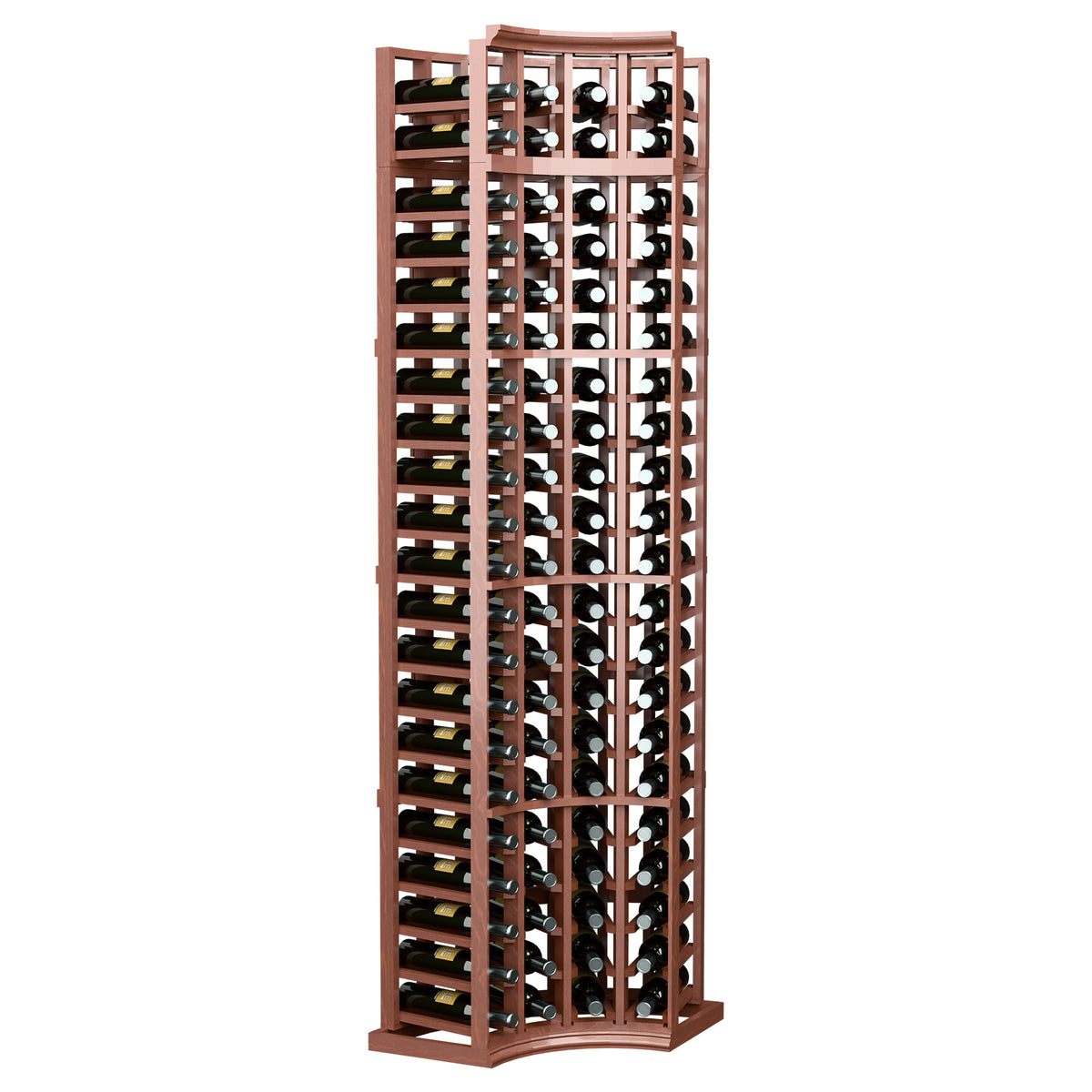 4-column curved corner wine bottle rack, warm reddish-brown finish, front view with bottles