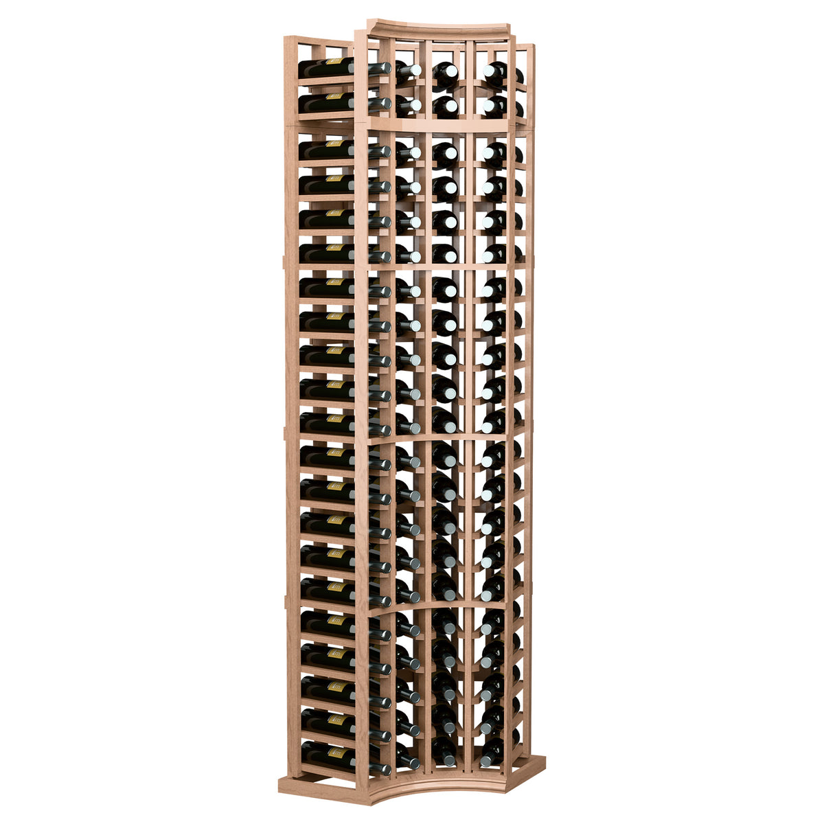 4-column curved corner wine bottle rack, warm reddish-brown wood with rounded corner design