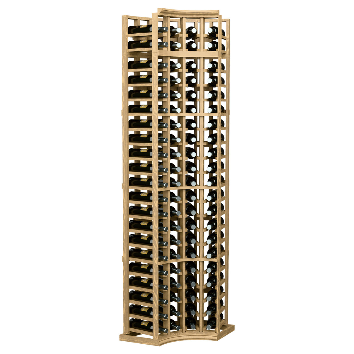 4-column curved corner wine bottle rack, light natural wood with bottle holders