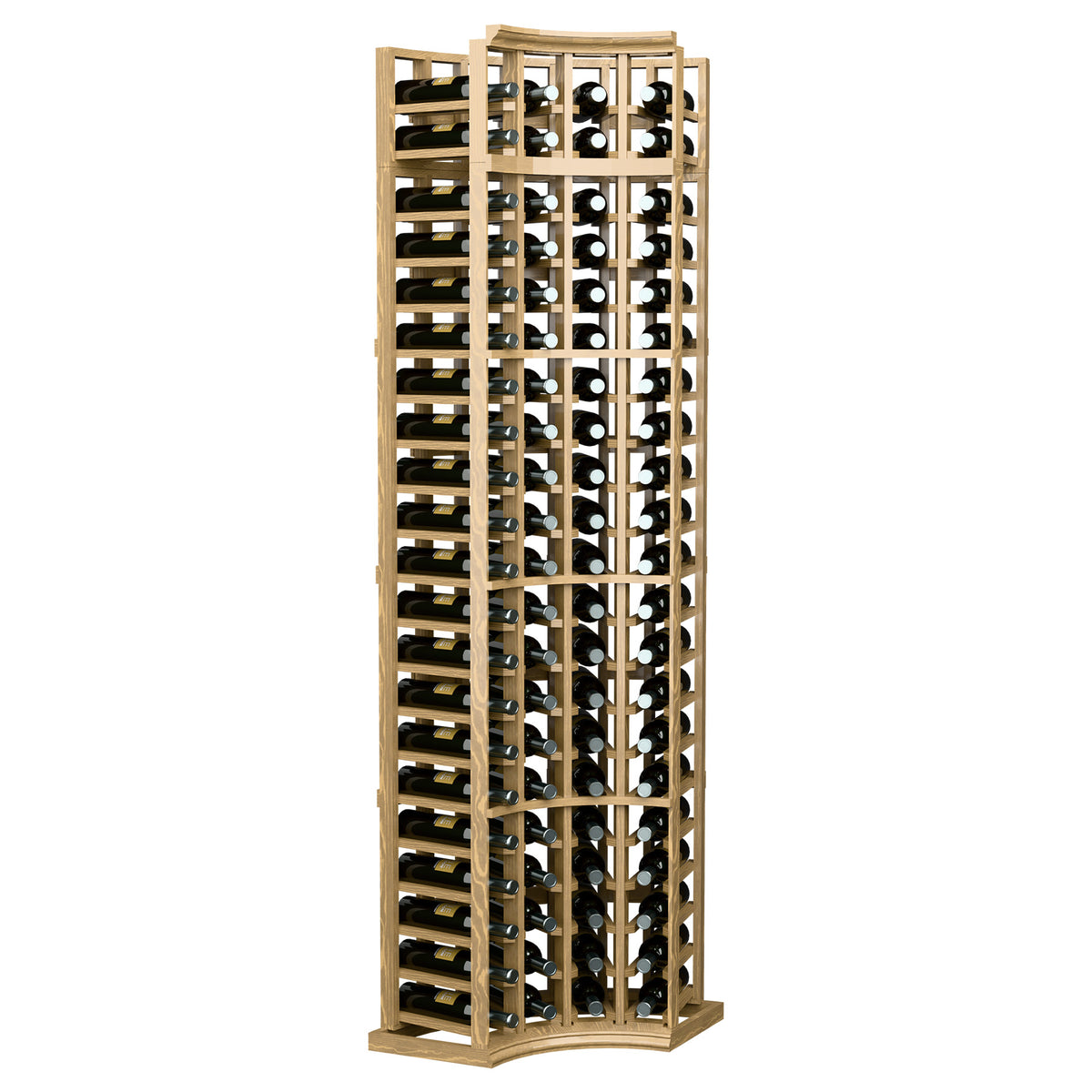 4-column curved corner wine bottle rack, light natural finish with rows of bottle slots