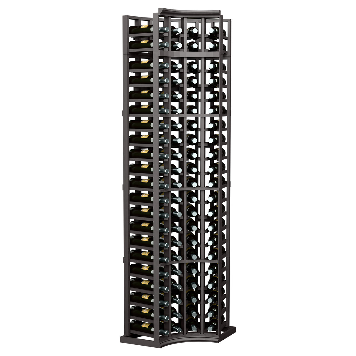4-column curved corner wine bottle rack, dark gray/black finish with wine bottle rows