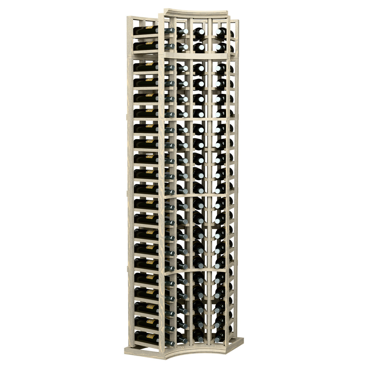 4-column curved corner wine rack with bottle slots, light wood frame and curved base