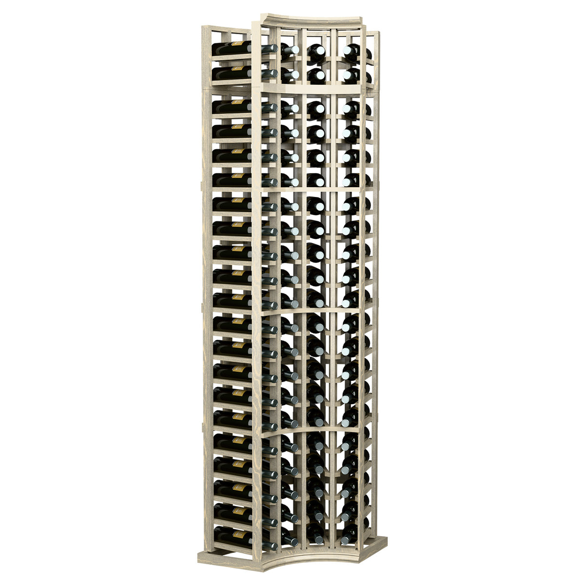 4-column curved corner wine rack with bottle slots, light wood frame in angled view