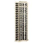 4-column curved corner wine rack with bottle slots, light wood frame side perspective