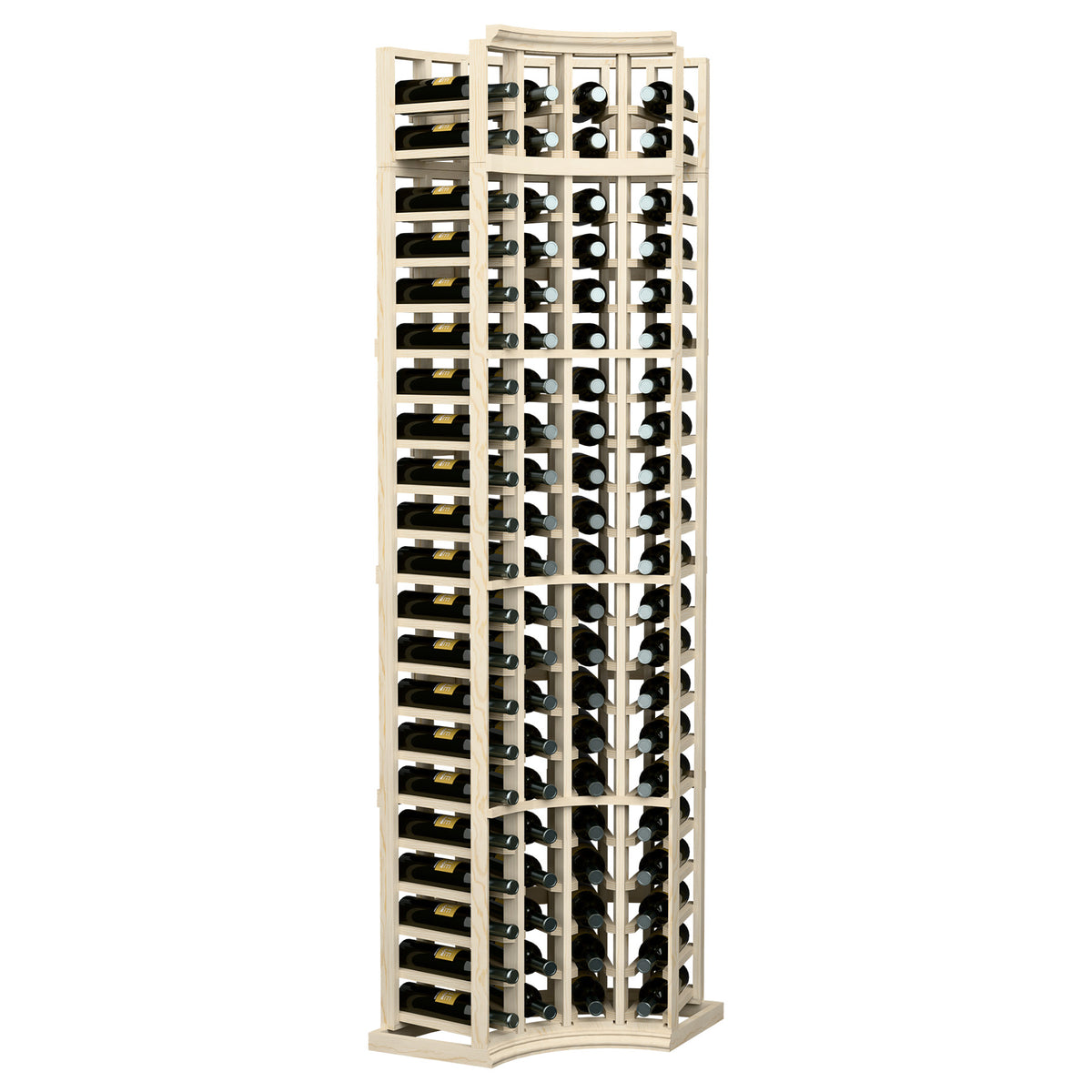 4-column curved corner wine rack with bottle slots, light wood frame side perspective