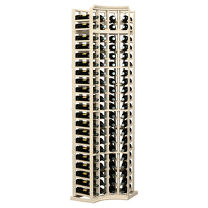 4-column curved corner wine rack with bottle slots, light wood frame side perspective