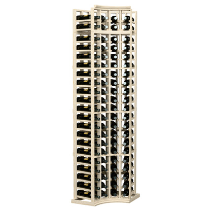 4-column curved corner wine rack with bottle slots, light wood frame side perspective