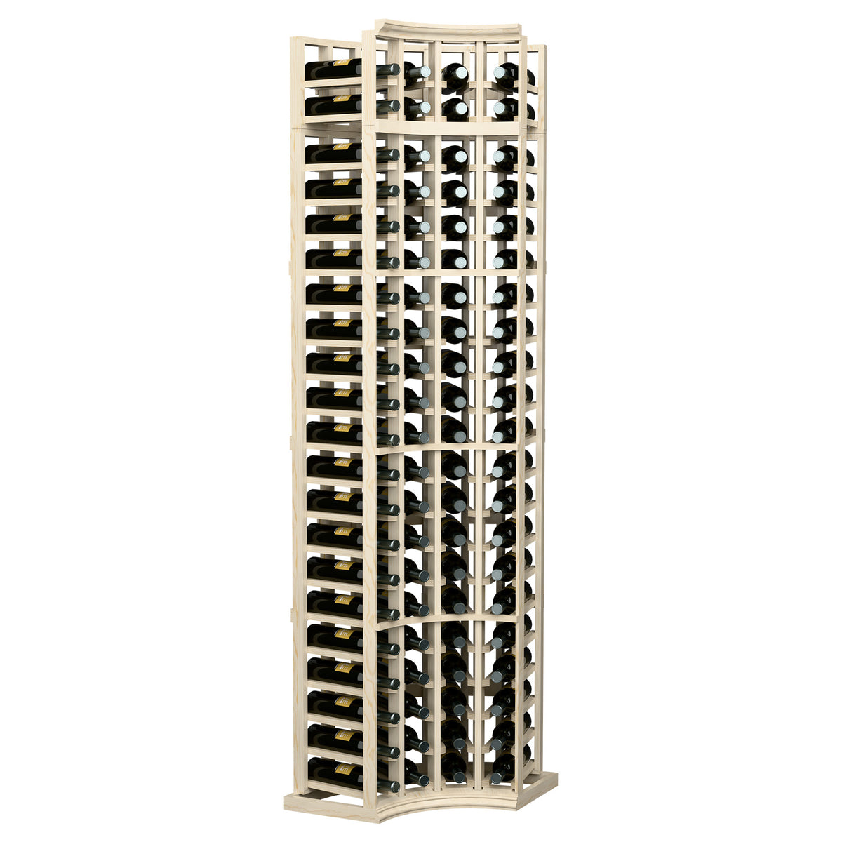 4-column curved corner wine rack with bottle slots, light wood frame with curved corner