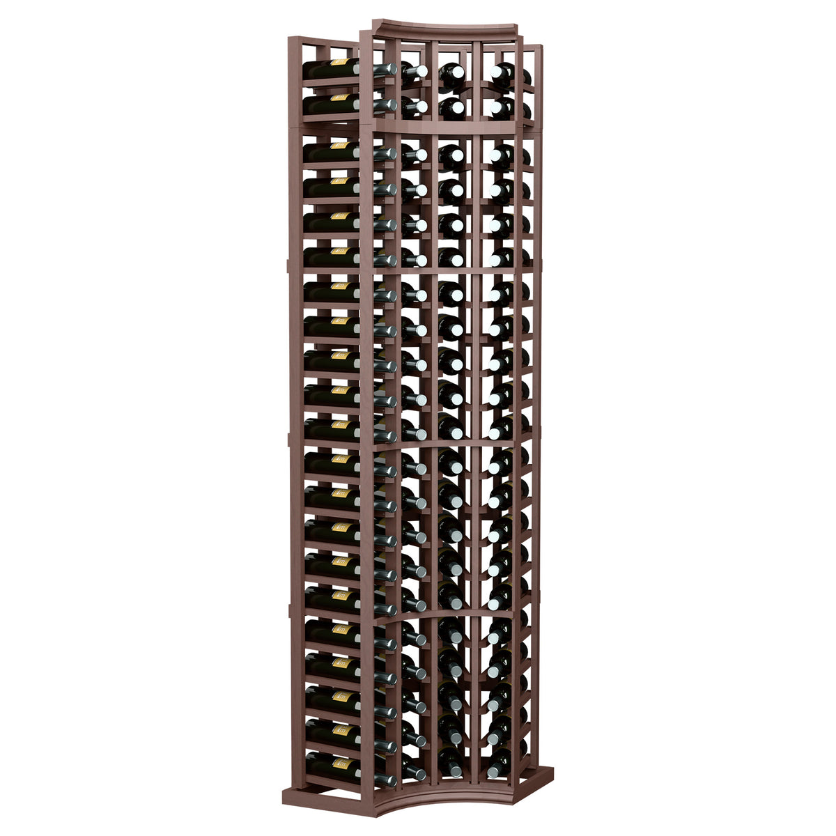 4-column curved corner wine rack with bottle slots, dark wood frame and curved base